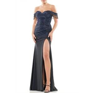 NEW COLORS DRESS long crystal off the shoulder fringe slit gown in black